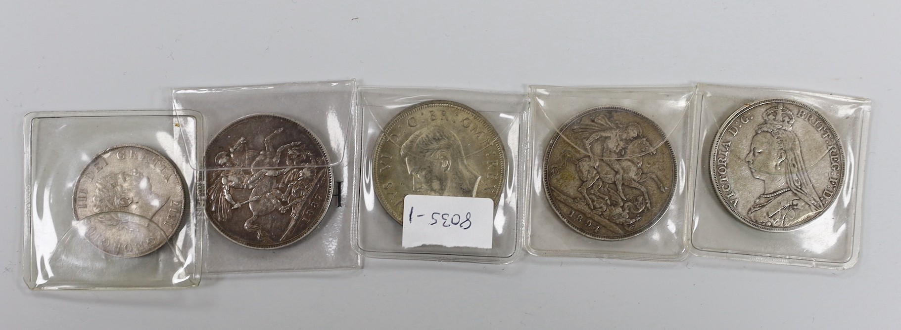 British coins, silver, George III half crown 1817, VF, Victoria Crown 1887, VF, 1889 & 1894 crowns and a George VI crown 1937 EF